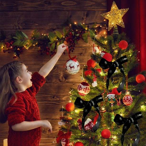 Rollo de cinta decorativa navideña de 78,7 x 1 pulgada, con lazo de tela rojo, verde, negro y rosa, para manualidades | Papel de regalo duradero y resistente a las arrugas, hecho a mano, para