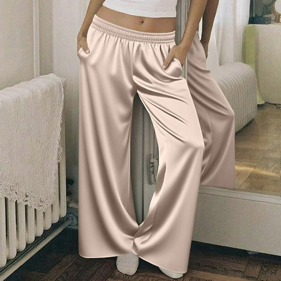 Womens Satin Elastic Waist Pants Loose Straight Leg Casual Pants Wide Leg Comfy Home Trousers with Pockets