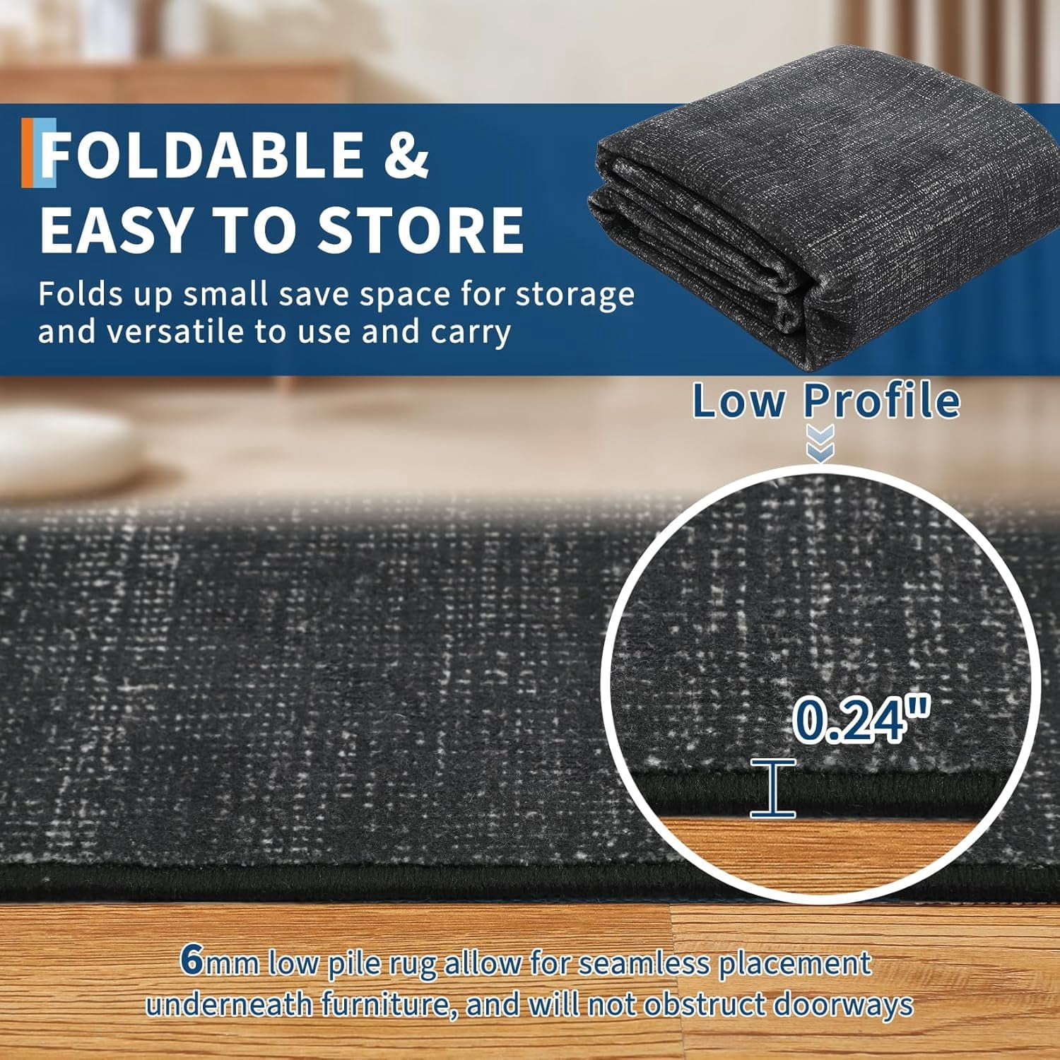 Memoryfield 2' x 6' Modern Runner Rug, Washable Floor Cover, Non-Slip, Stain-Resistant Low-Pile Carpet for Kitchen, Bedroom, Entryway, Black