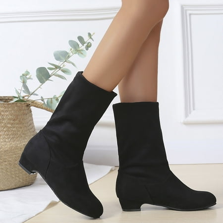 

ZMHEGW Women Boots Ladies Solid Suede Round Head Coarse Heel Medium Boots Shoes