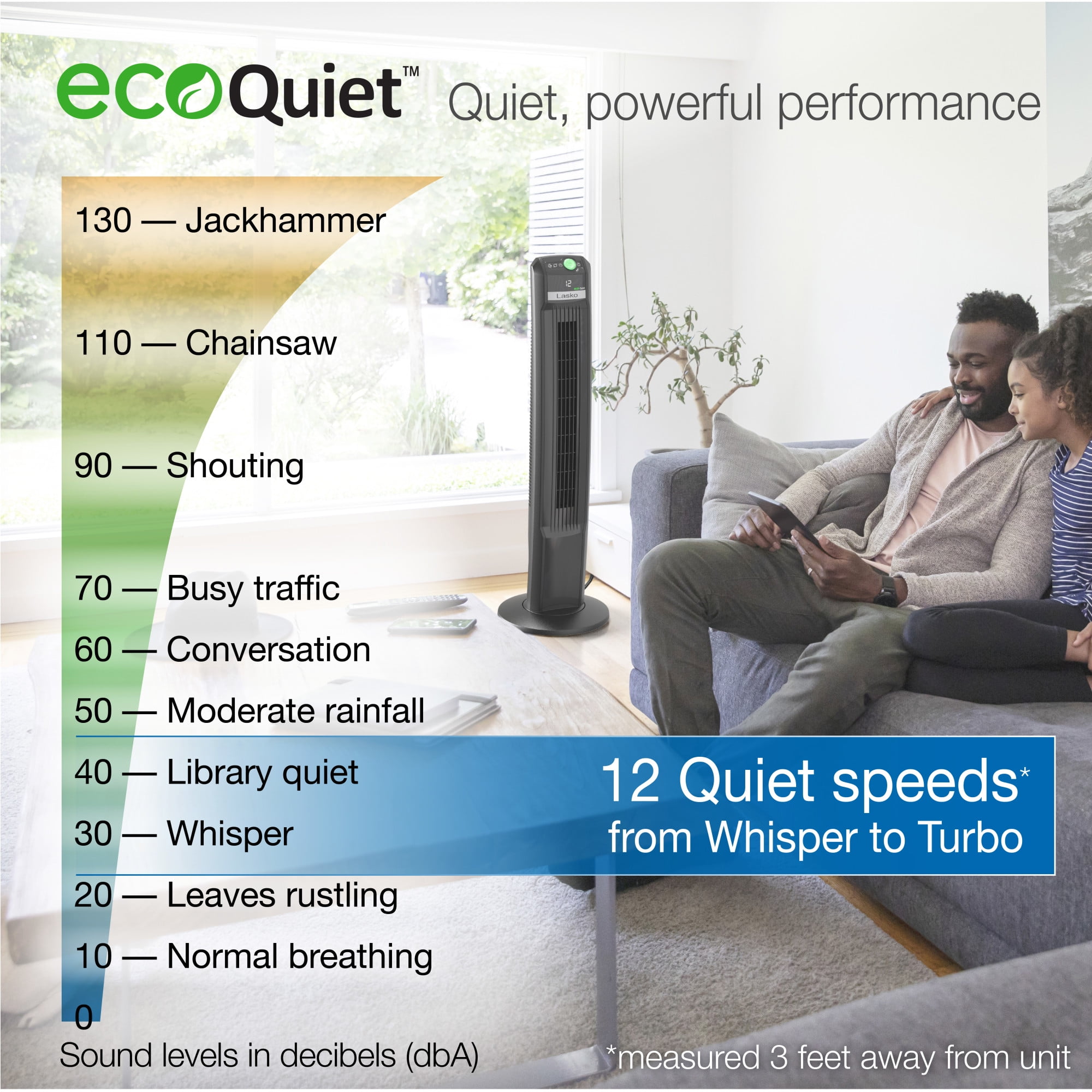 Lasko 42" EcoQuiet 12-Speed DC Motor Tower Fan with Remote Control, Black, T42700