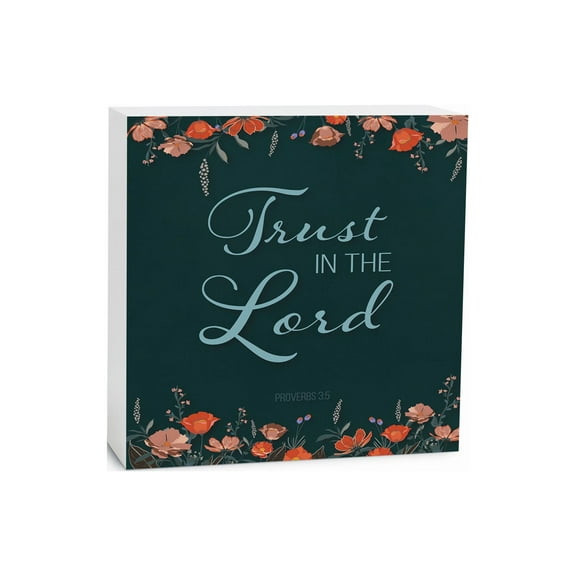 Trust In Him Forest Green Floral 5 x 5 Wood Tabletop Sign Plaque