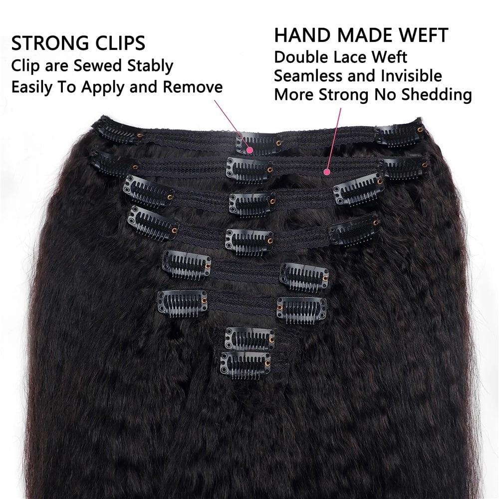 Kinky Straight Clip in Hair Extensions Real Human Hair Natural Black Double Weft Clip ins