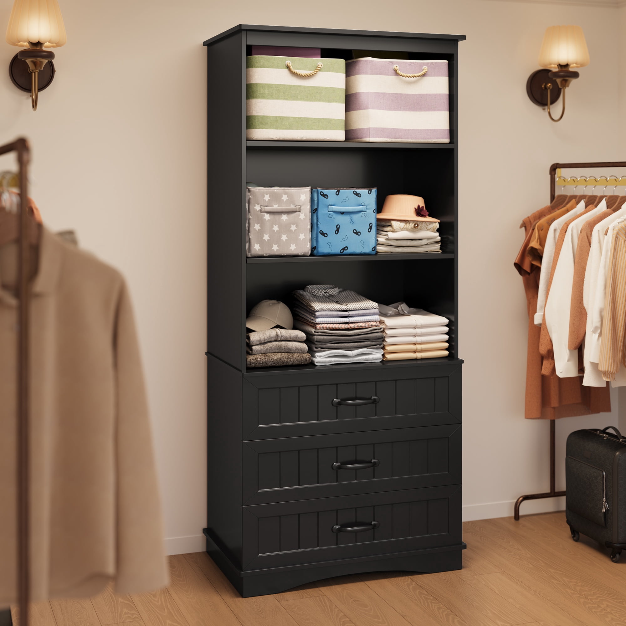 Asofer 69.7" Tall Bookcase with 3 Drawers - Multifunctional Storage Cabinet, Black