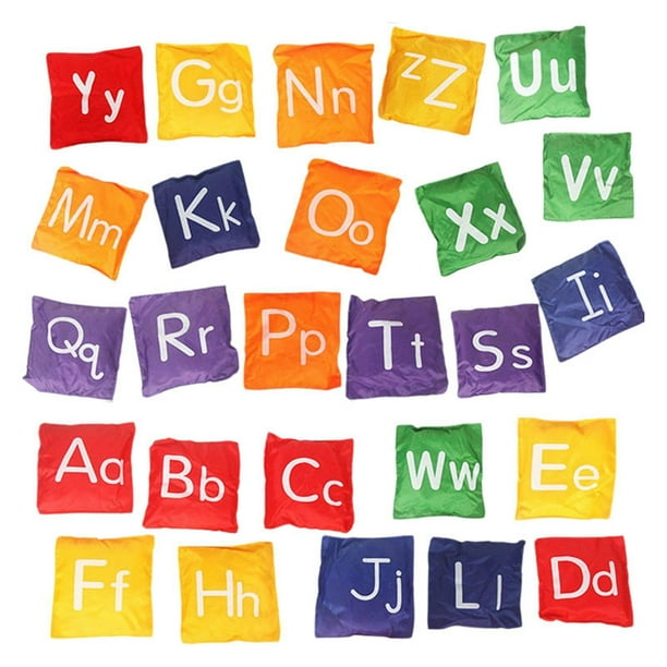 Juego de 26 pufs con letras del alfabeto, bolsa de lanzamiento, actividad educativa, pufs con letras, pufs para niños para el aula