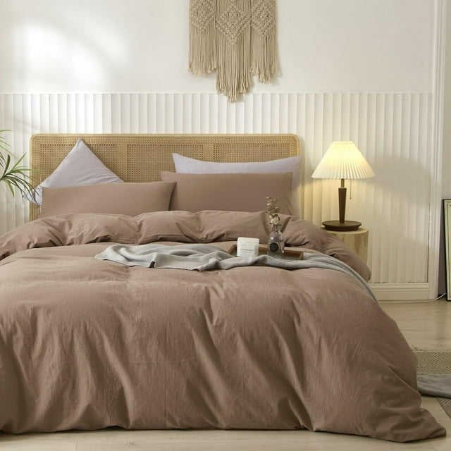 Washed Cotton Duvet Cover Set Linen Feel Natural Wrinkle Lightweight Comfy (King Linen)