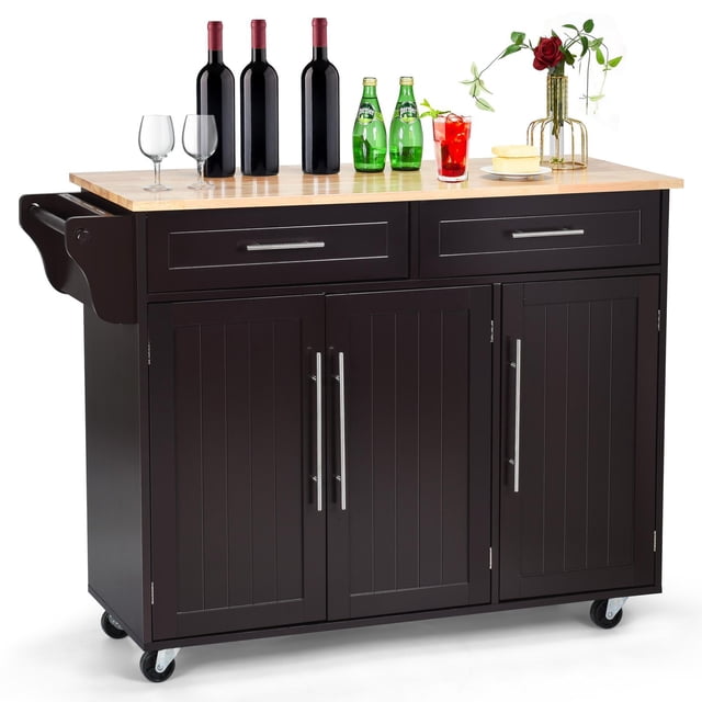 Giantex Kitchen Island on Wheels, Rolling Kitchen Island Cart with Rubber Wood Top, Side Handle, Large Drawers, 3-Door Cabinet for Kitchen and Dining Room (Brown)