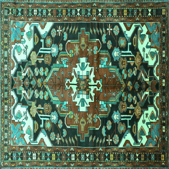 Ahgly Company Machine Washable Indoor Square Persian Turquoise Blue Traditional Area Rugs, 4' Square