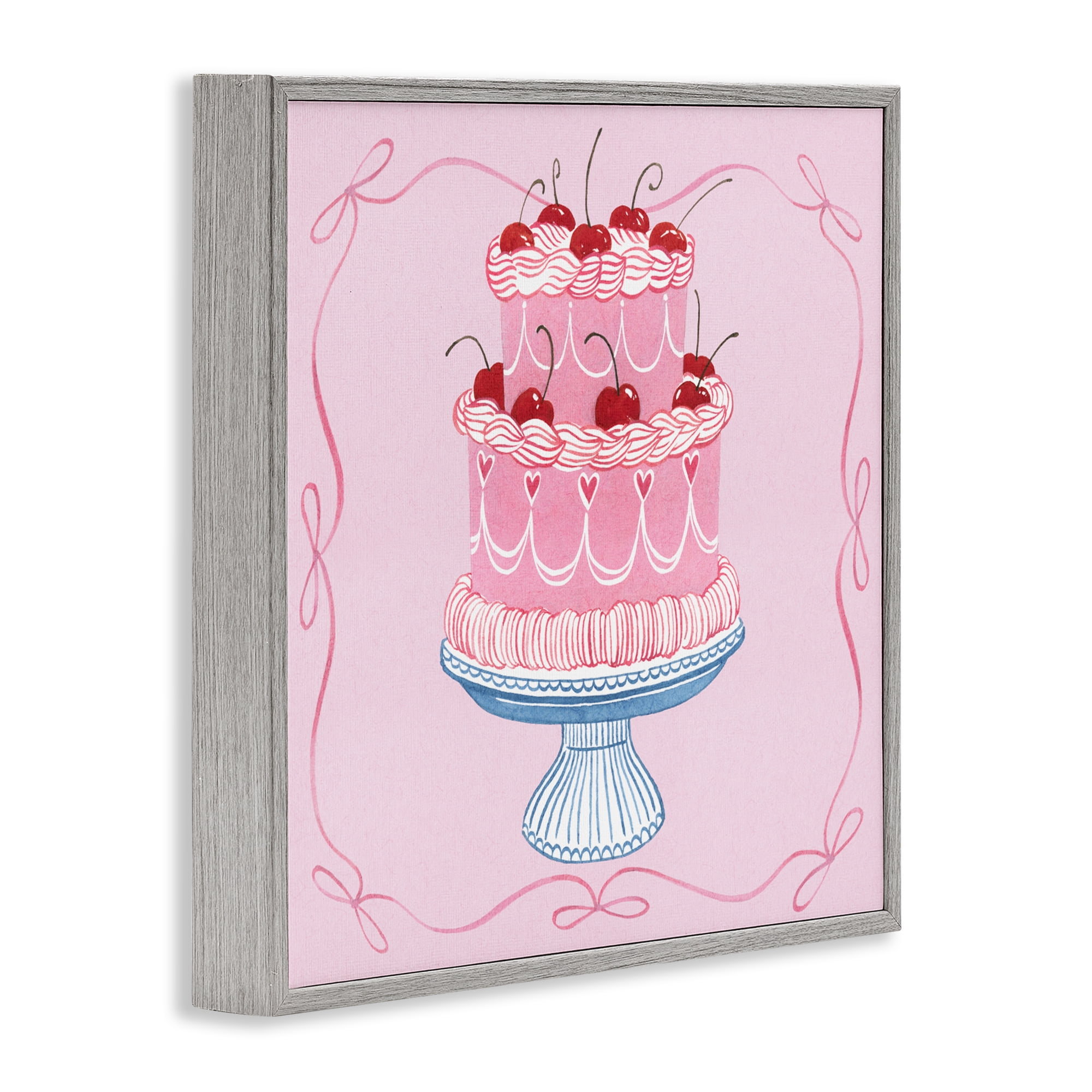 Stupell Industries Romantic Pink Cherry Cake Gray Framed Giclee Art, design by Grace Popp