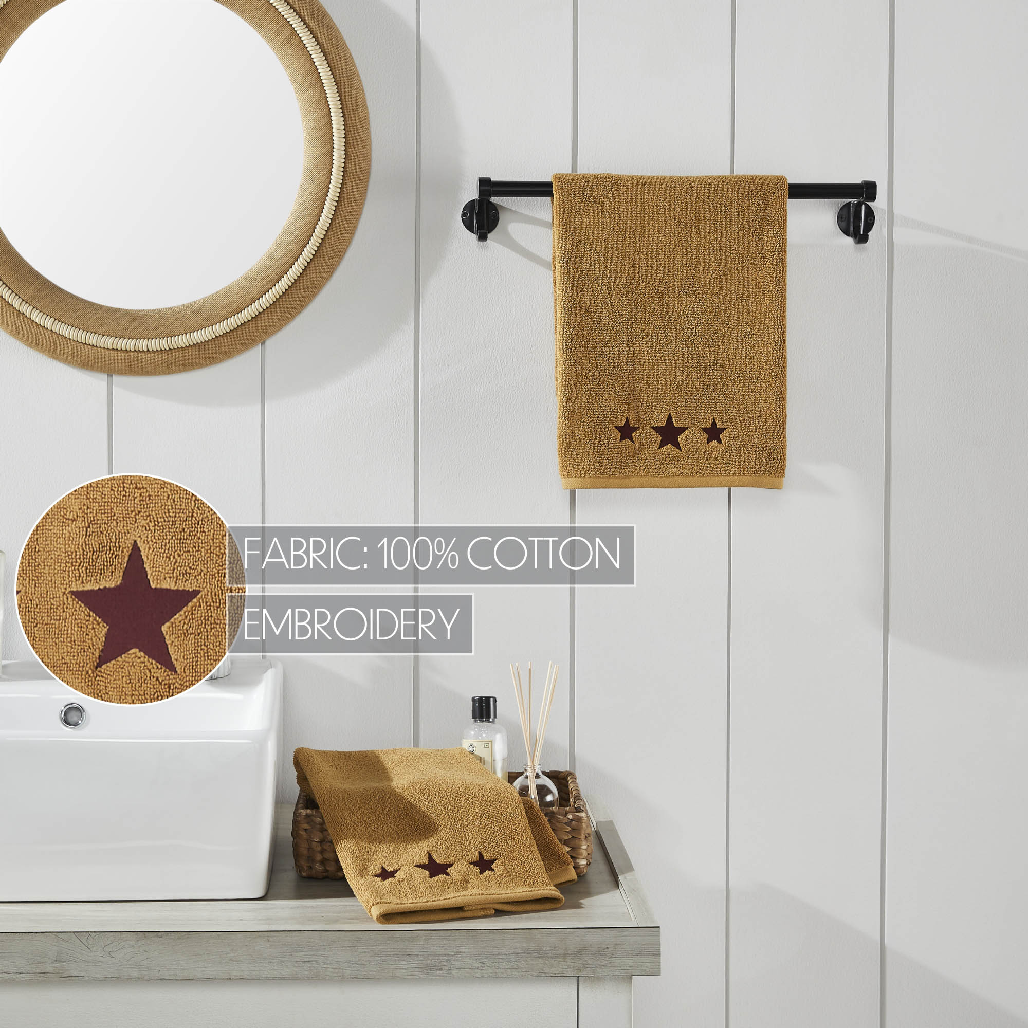 VHC Brands Burgundy Stars Tan Hand Towel Set of 2 16x26