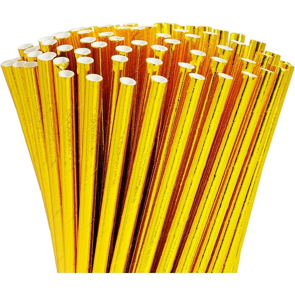 100 Pack Gold Paper Straws - Biodegradable, Disposable Straws for Birthday, Bridal, Baby Shower & Wedding Party Supplies