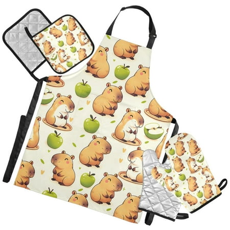 Ryvnso Capybara Green Apples Kitchen Apron Oven Mitts Set Pot Holders