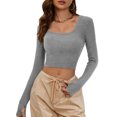 thumbnail image 4 of Biekopu Women's Slim Fit Crop Tops Long Sleeve Scoop Neck Solid Color T-Shirts Blouses with Thumb Holes, 4 of 6