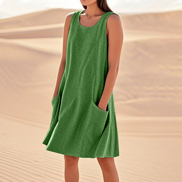 WILLBEST Vestido Midi De Verano Para Mujer, Largo Hasta La Rodilla, Informal, Para Playa, Resort, Sin Mangas, Color Liso, Con Bolsillos