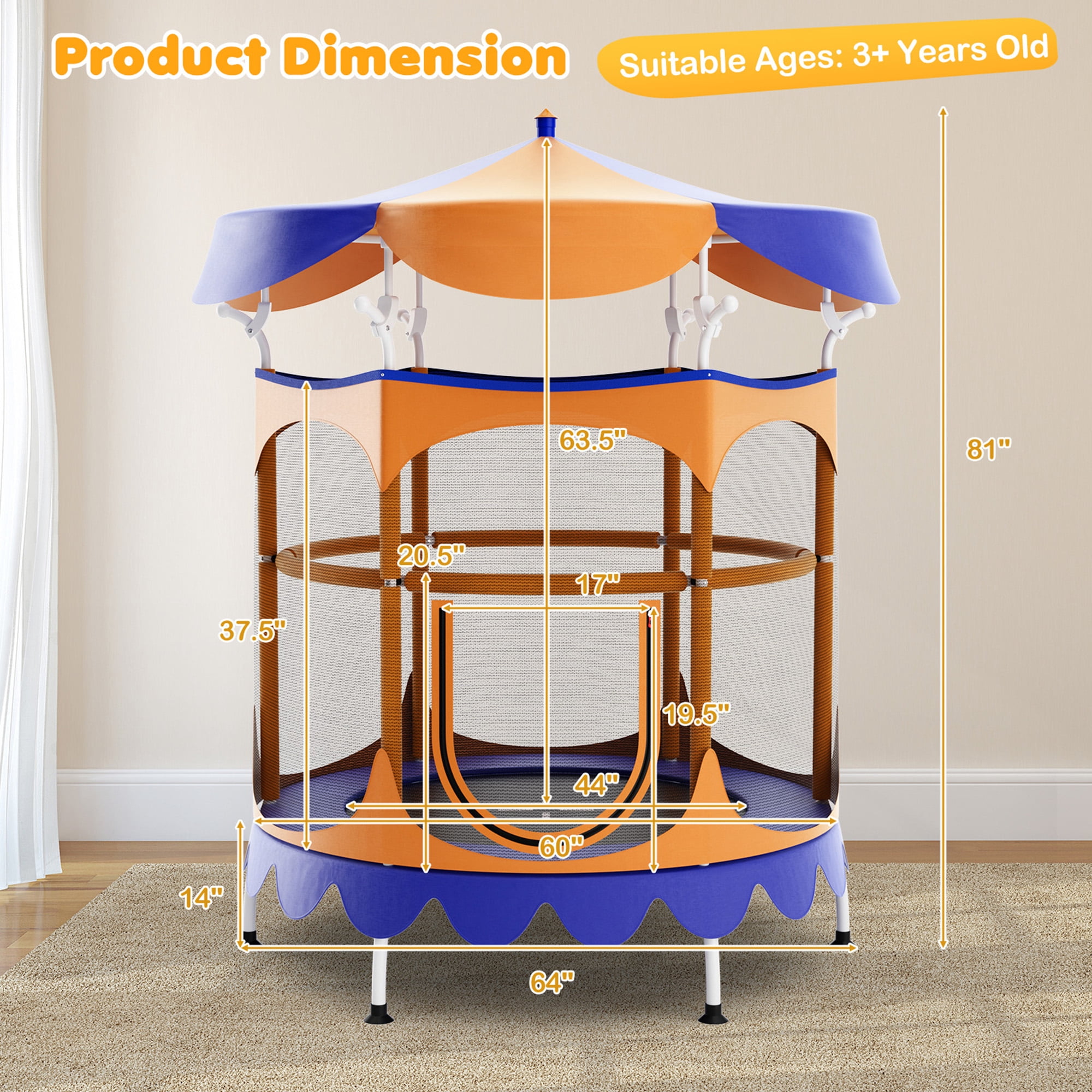 Gymax 64'' Kids Trampoline w/ Detachable Canopy Safety Enclosure Net Foam Handle Orange