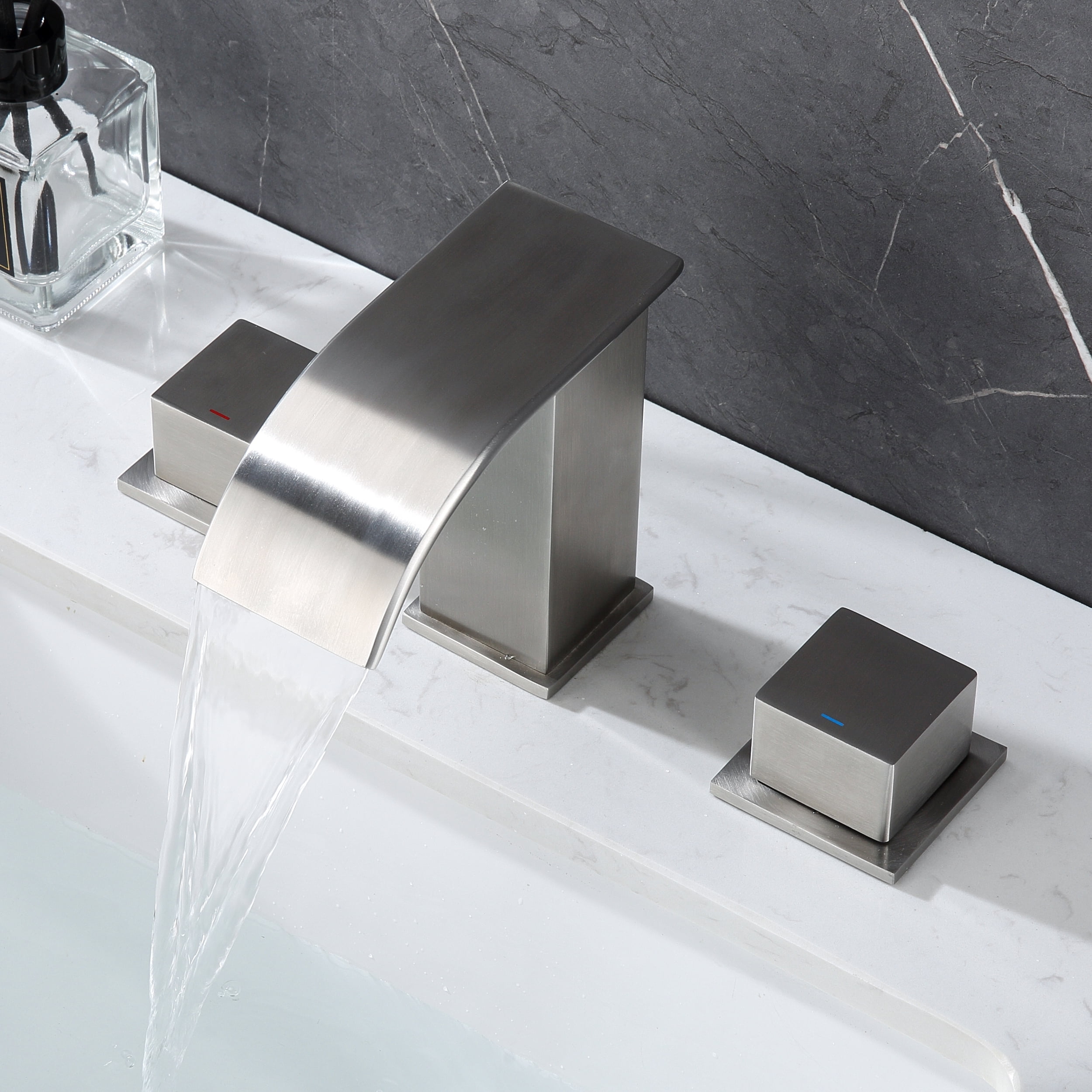 Waterfall Bathroom Faucet Brushed Nickel - Widespread 2 Handle 8 Inch 3 Hole Bathroom Sink Faucet, Basin Faucet Mixer Taps with cUPC Faucet Supply Line Hoses for Bathroom Restroom Vanity Lavatory