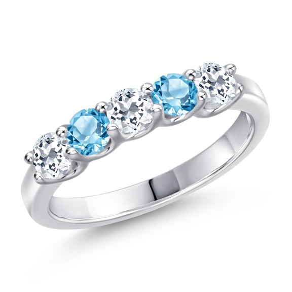 Gem Stone King 925 Sterling Silver White Topaz and Swiss Blue Topaz Wedding-Bands Ring for Women | 1.05 Cttw | Round 3.5MM | Gemstone November Birthstone | Size 6