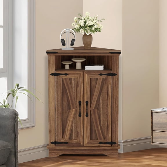 Corner Bathroom Cabinet, Small Corner Cabinet with Barn Doors & Adjustable Shelf, Farmhouse Bathroom Table with Storage for Small Spaces, Kitchen, Living Room, Brown