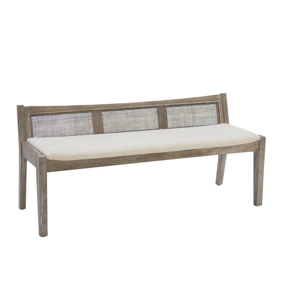 Powell Tramore Upholstered Bench with Rattan Cane Back, Mid Tone Brown/Beige