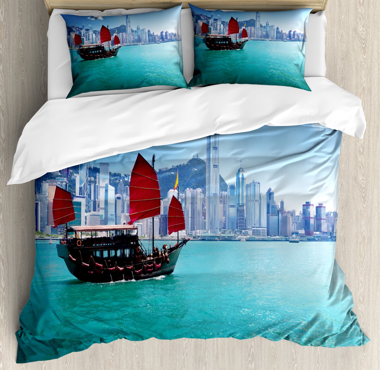 Ocean Duvet Cover Set Queen Size, Hong Kong Harbour Small Traditional