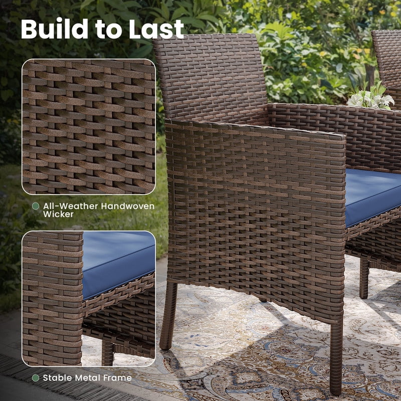 ELPOSUN 5 Piece Patio Furniture Set, Outdoor Conversation Wicker Chairs for Two with Ottoman Underneath,Brown Rattan,Navy