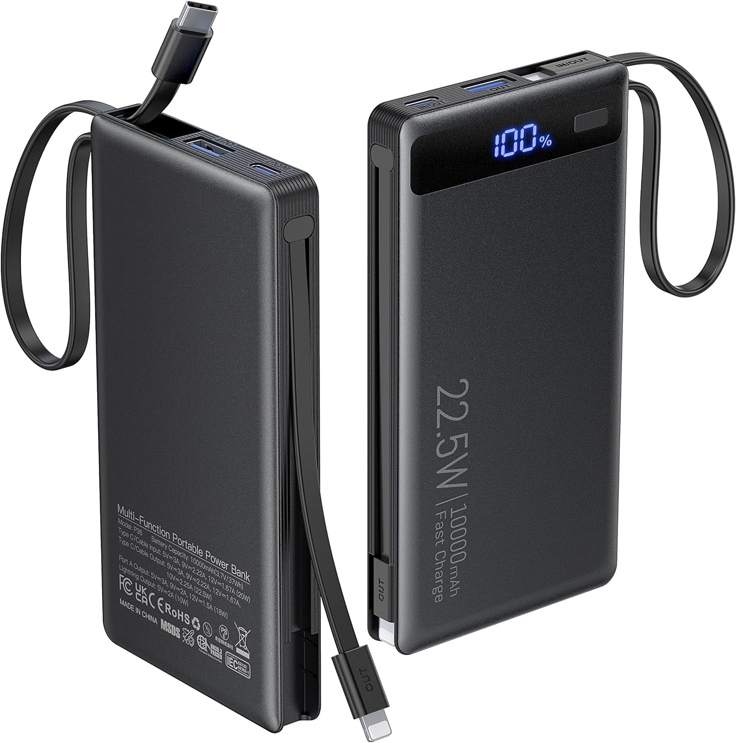 RGHJAR-Power Bank with 2 Built-in Cables 10000mAh, 22.5W PD Slim Portable Charger USB C Battery Pack, Travel Essentials Fast Charging Powerbank Compatible with iPhone 17 16 15 14 Plus Pro Samsung iPa