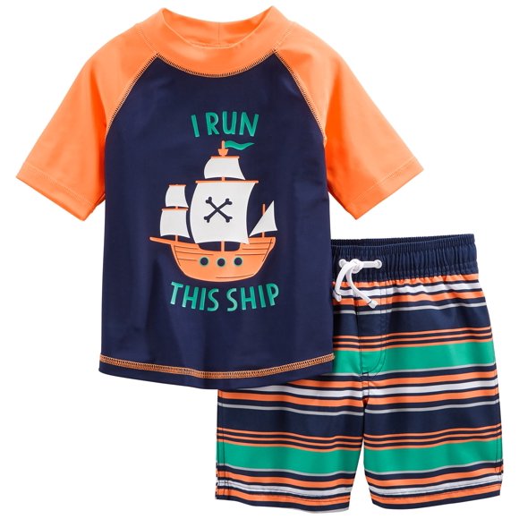 Simple Joys by Carter's Baby Boys' Swimsuit Trunk and Rashguard, Orange/Blue, Ships, 6-9 Months