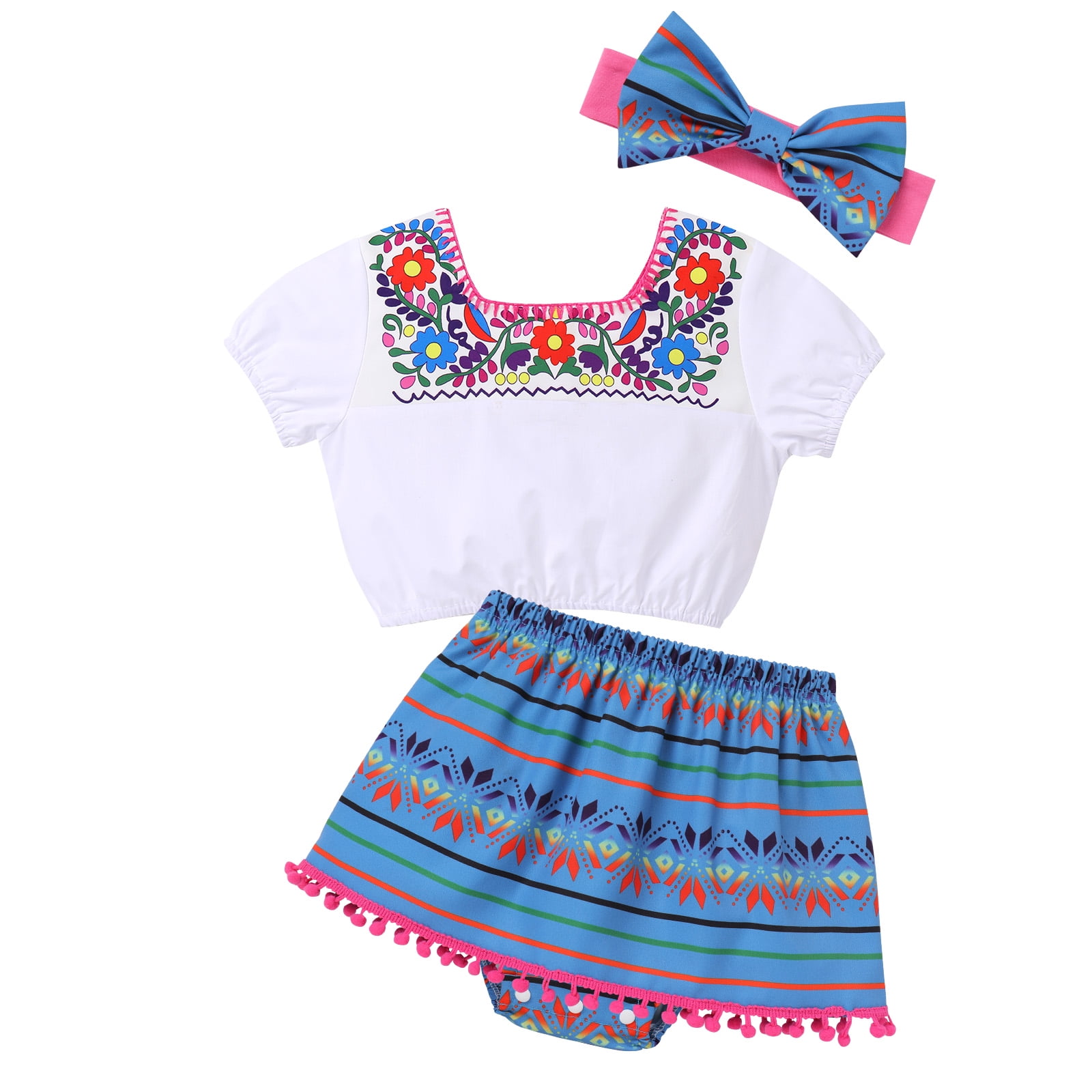 IBTOM CASTLE Toddler Baby Girls Mexican Traditional Fiesta Cinco de Mayo Outfit Floral Print Top + Skirt + Headband Photo Shoot Clothes 2-3 Years Blue