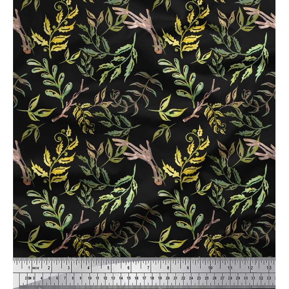 Soimoi Black Cotton Duck Fabric Neem Watercolor Print Fabric by Yard 44 Inch Wide