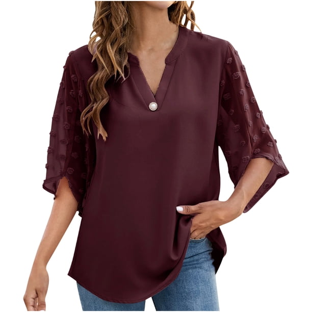 Pntutb Mujeres Moda Casual Sólido Cuello en V Suelta Manga Corta Camiseta top Blusa Pullover Pntutb Pntutb-5410
