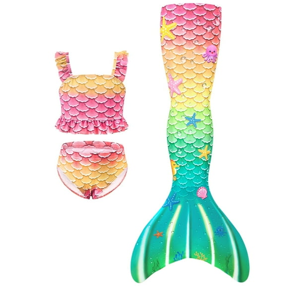 Girls Mermaid Princess Bathing Suit - Kids Cute Star Print Bikini Swimwear Sets - Swimming Costume Dress Up Outfits