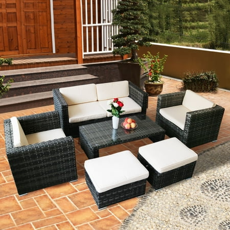 Clearance Outdoor Sectional Costway 6 PCS Outdoor Rattan Wicker Sofa Sectional Furniture Set Patio Garden Backyard with Beige Cushions ()