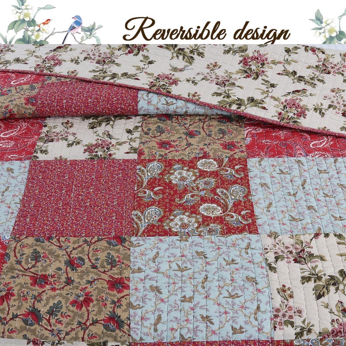Cozy Line Rosemond Floral Patchwork 100% Cotton 3-Piece Quilt Bedding Set, Queen Set