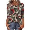 thumbnail image 2 of Xuyuer 3/4 Length Sleeve Womens Tops Round Neck Casual Summer Tunic Tops Basic Tees Blouses Dressy T-Shirts Pleated Shirts Blouses Spring Fashion Ethnic Graphic Crew Neck Tunic T Shirts, 2 of 7