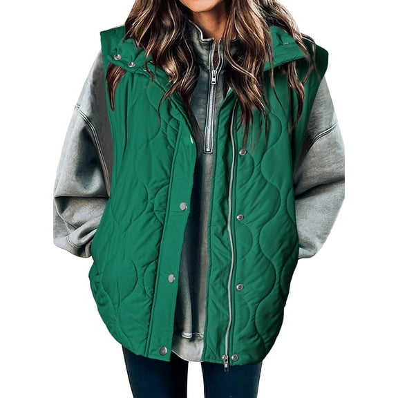 SHEWIN Puffer Vest for Women Lightweight Cropped Quilted Coat Button Zip Up Sleeveless Jackets Fall Spring Stand Collar Outerwear with Pockets Green