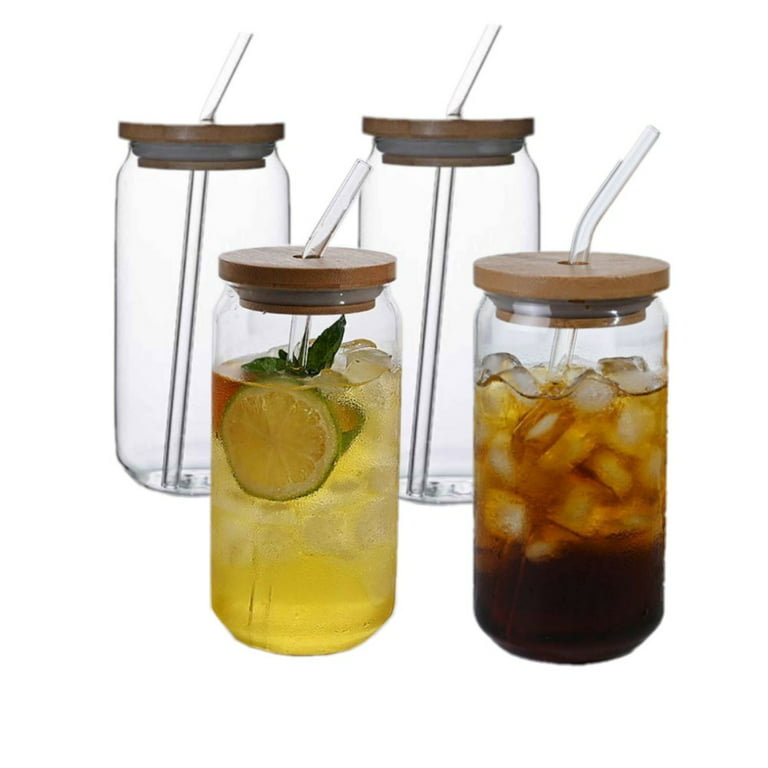 Jlong 4PCS Glass Cups with Bamboo Lids and Glass Straw - Beer Can Shaped  Drinking Glasses, 16 oz Iced Coffee Glasses, Cute Tumbler Cup for Smoothie