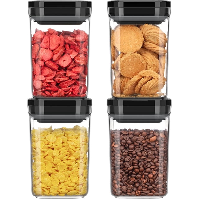 Juego de 4 Envases Herméticos para Conservar Alimentos, BPA Libre, Envases para Organizar la Despensa de la Cocina, Envases para Conservar Cereales, Snacks y Dulces, 1 L / 34oz, Mediano, Negro