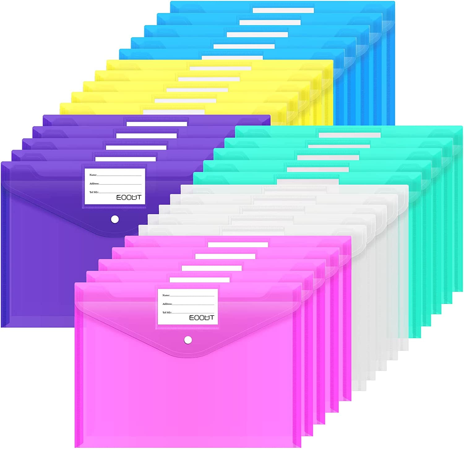 ED 30pcs Plastic Envelopes Poly Envelopes, Document Folders with Snap Button Closure, Letter Size, A4 Size with Label Pocket for School Home Work Office Organization, 6 Colors