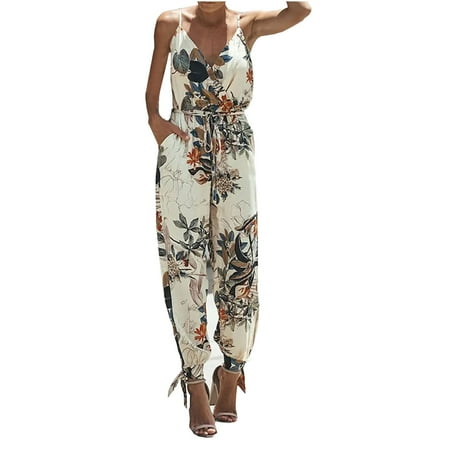 

Womens Jumpsuit Clearance Pattern Bib Pants Coverall Sling Bodysuit One-Piece Leotard Casual Pants for Men Bodysuit for Women Shapewear Beige S