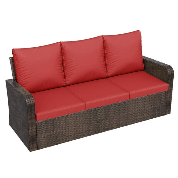 Homrest Outdoor Patio Couch Sofa, All-Weather PE Wicker 3 Seater Couch, Outdoor Seating Patio Furniture Sofa with Cushions, Modern Garden Furniture for Deck, Balcony, Porch(Wine Red)