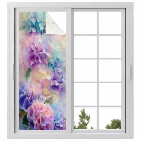 Pink Purple Floral Window Privacy Film, Spring Hydrangea Flower Vintage Botanical Static Cling UV Sun Blocking Heat Control Window Tint Day and Night, Non-Adhesive One Way Privacy Cover 23.6''x59''