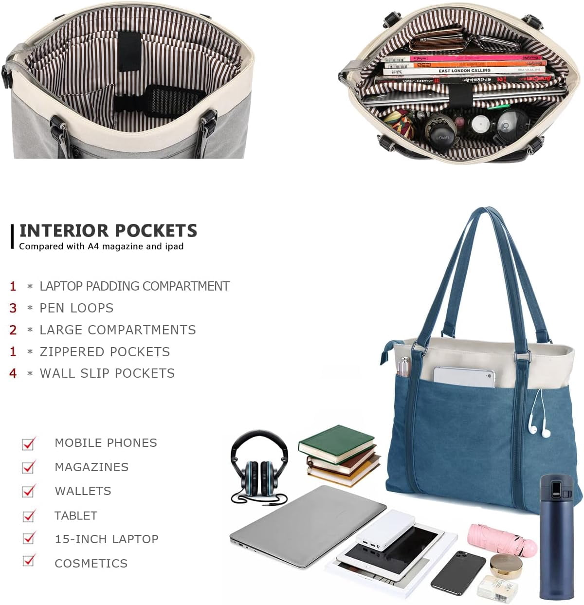 Lohol 15.6" Laptop Tote Bag for Women Fahion Work Purse with Zipper Pockets for Teachers Blue