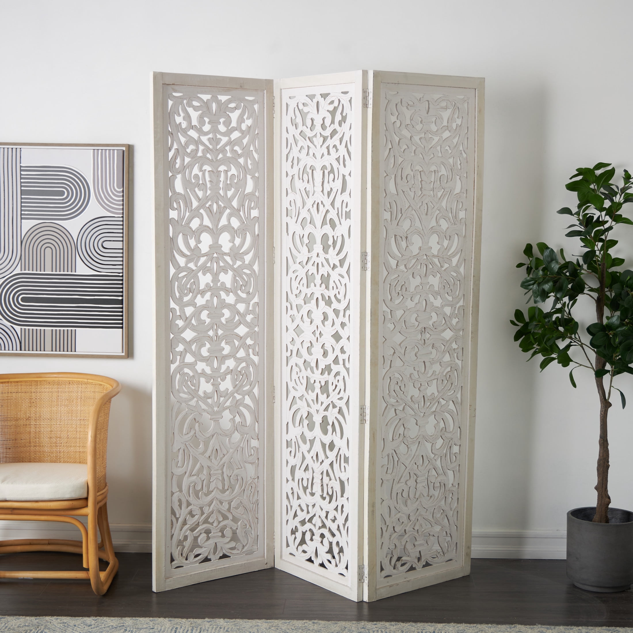 DecMode 60" x 69" White Wooden Floral Handmade Foldable Partition 3 Panel Room Divider Screen with Carved Design, 1-Piece