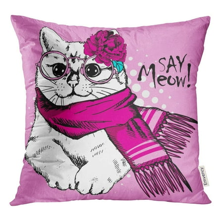 Pink And White Cushions STOAG Affable White Cat Pink Scarf and Glasses of Dressed Throw Pillowcase Cushion Case Cover 16x16 inch ()