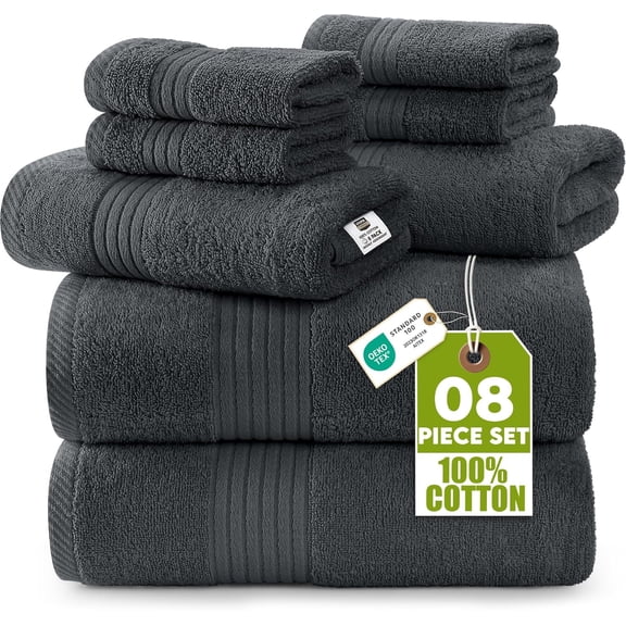 8 Piece Premium Towel Set, 2 Bath, 2 Hand, and 4 Washcloths, 100% Ring Spun Cotton, Highly Absorbent Towels for Bathroom, Sports, and Hotel, Grey