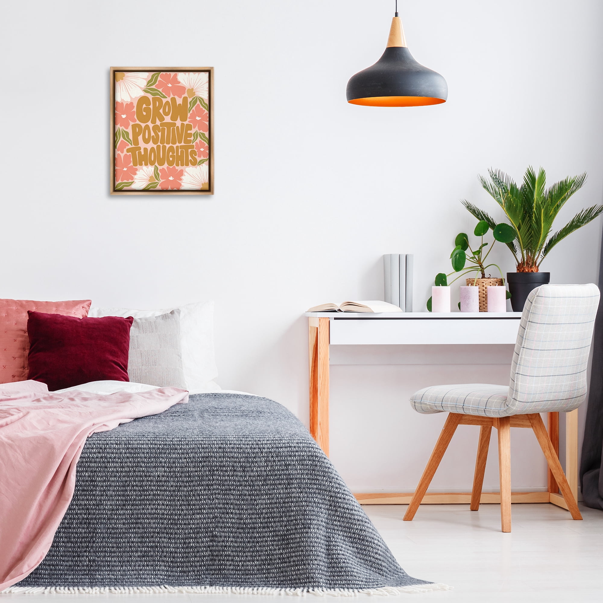 Stupell Industries Grow Positive Thoughts Plants & Flowers Painting Brown Floater Framed Canvas Art Print Wall Art, 17 x 21