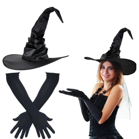 Offaod Women's Witch Hat & Long Gloves Set - Foldable Halloween Costume Accessories, Gothic Spooky Party Outfit