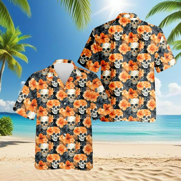 Orange Skull Hawaiian Shirt for Men, Button Down Summer Beach Short Sleeve, Bold Style, S-5XL