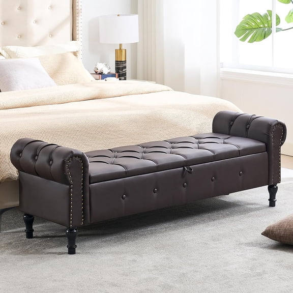 Storage Bench for Bedroom, 67" End of Bed Bench, Faux Leather King Size Bench with Rolled Arms, Tufted Button Ottoman Benches, Upholstered Bench for Bedroom, Living Room, Entryway, Dark Brown