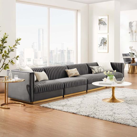 Modway Sanguine Channel Tufted Performance Velvet 4-Seat Modular Sectional Sofa in Gray